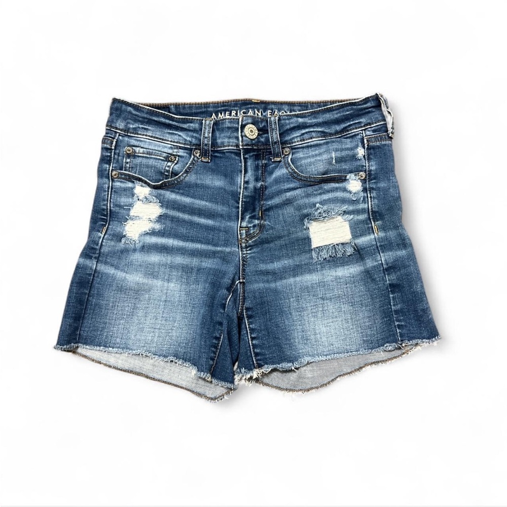 American Eagle Mid Rise Distressed Blue Jean Shorts
